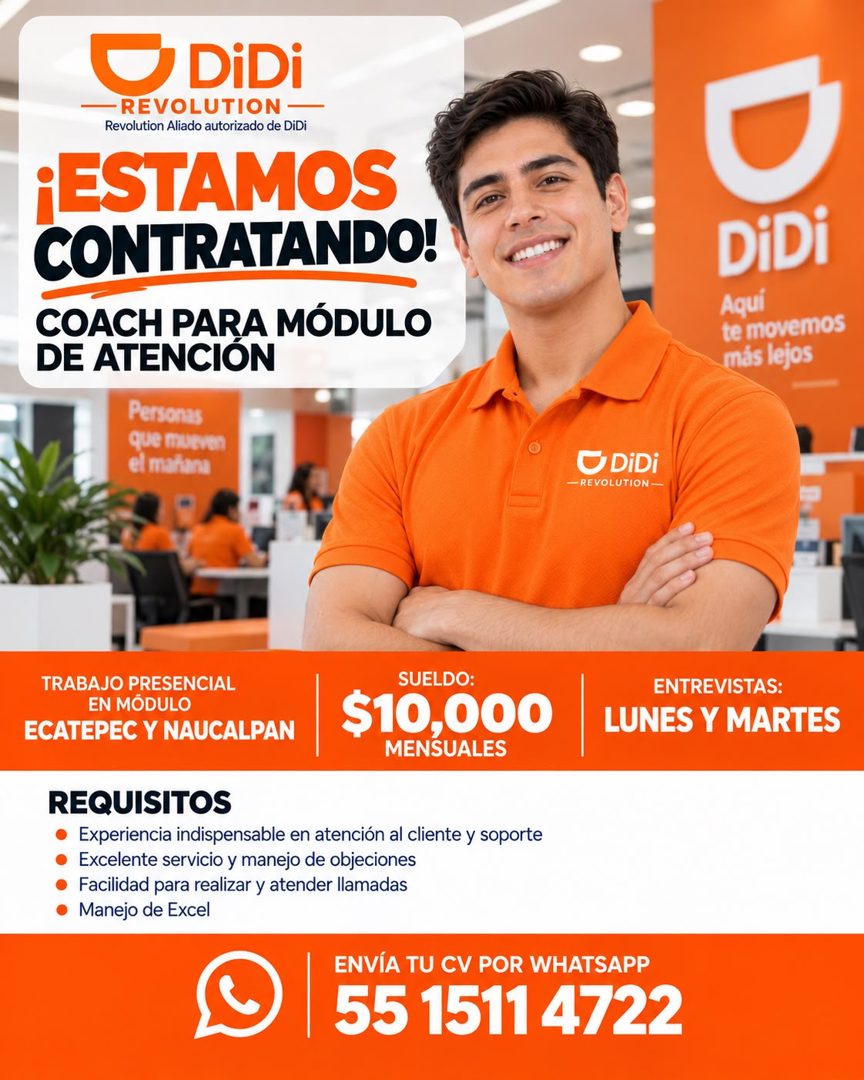 Banner del anuncio de la vacante: O DiDi · - REVOLUTION - · Revolution Aliado autorizado de DiDi · ¡ESTAMOS · CONTRATANDO! · COACH PARA MÓDULO · DE ATENCIÓN · Personas · que 