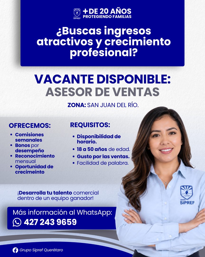 Banner del anuncio de la vacante: + DE 20 AÑOS · SIPREF · PROTEGIENDO FAMILIAS · ¿Buscas ingresos · atractivos y crecimiento · profesional? · VACANTE DISPONIBLE: · ASESOR DE 