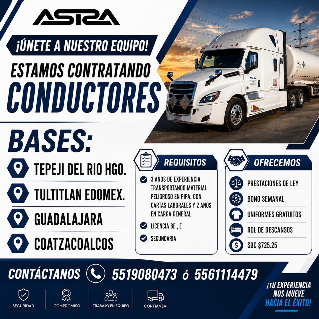 Banner del anuncio de la vacante: ASIE · ¡ÚNETE A NUESTRO EQUIPO! · ESTAMOS CONTRATANDO · CONDUCTORES · BASES: · TEPEJI DEL RIO HGO. · TULTITLAN EDOMEX. · GUADALAJARA · COATZ