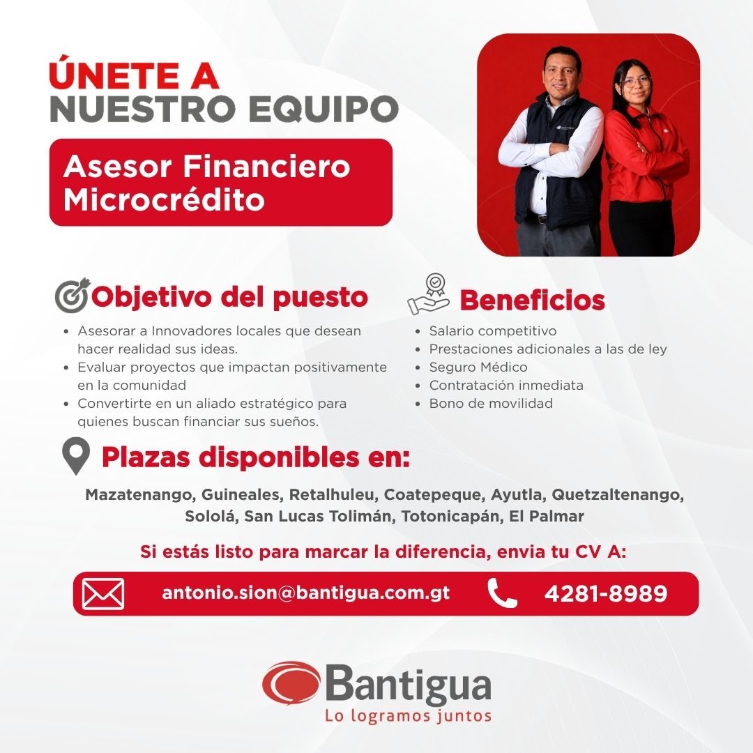 Banner del anuncio de la vacante: ÚNETE A · NUESTRO EQUIPO · Asesor Financiero · Microcrédito · C Objetivo del puesto · • Asesorar a Innovadores locales que desean · hacer re