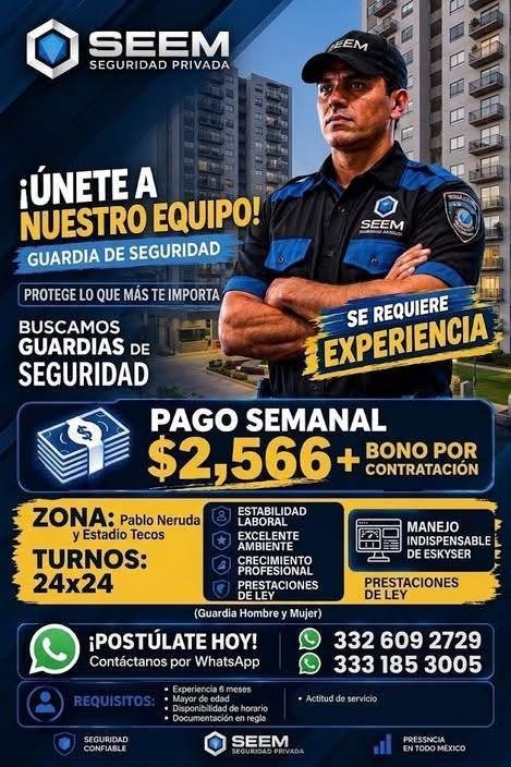 Banner del anuncio de la vacante: SEEM · SEGURIDAD PRIVADA · ¡ÚNETE A · NUESTRO EQUIPO! · GUARDIA DE SEGURIDAD · PROTEGE LO QUE MÁS TE IMPORTA · BUSCAMOS · GUARDIAS DE · SEGU