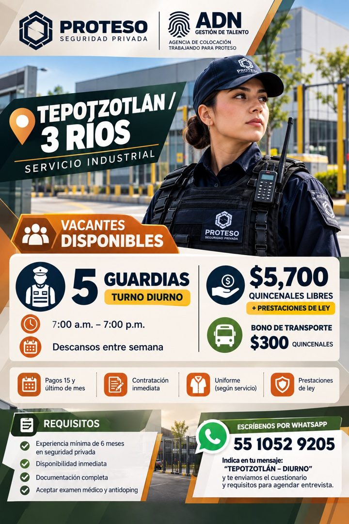 Banner del anuncio de la vacante: PROTESO · SEGURIDAD PRIVADA · ADN · GESTION DE TALENTO · AGENCIA DE COLOCACIÓN · TRABAJANDO PARA PROTESO · PROTESO · TEPOTZOTLAN / · 3 RIOS 
