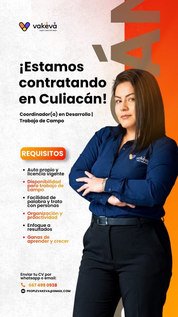 Banner del anuncio de la vacante: vakeva · AQUÍ CRECES MÁS · ¡Estamos · contratando · en Culiacán! · Coordinador(a) en Desarrollo | · Trabajo de Campo · REQUISITOS · vokevo ·