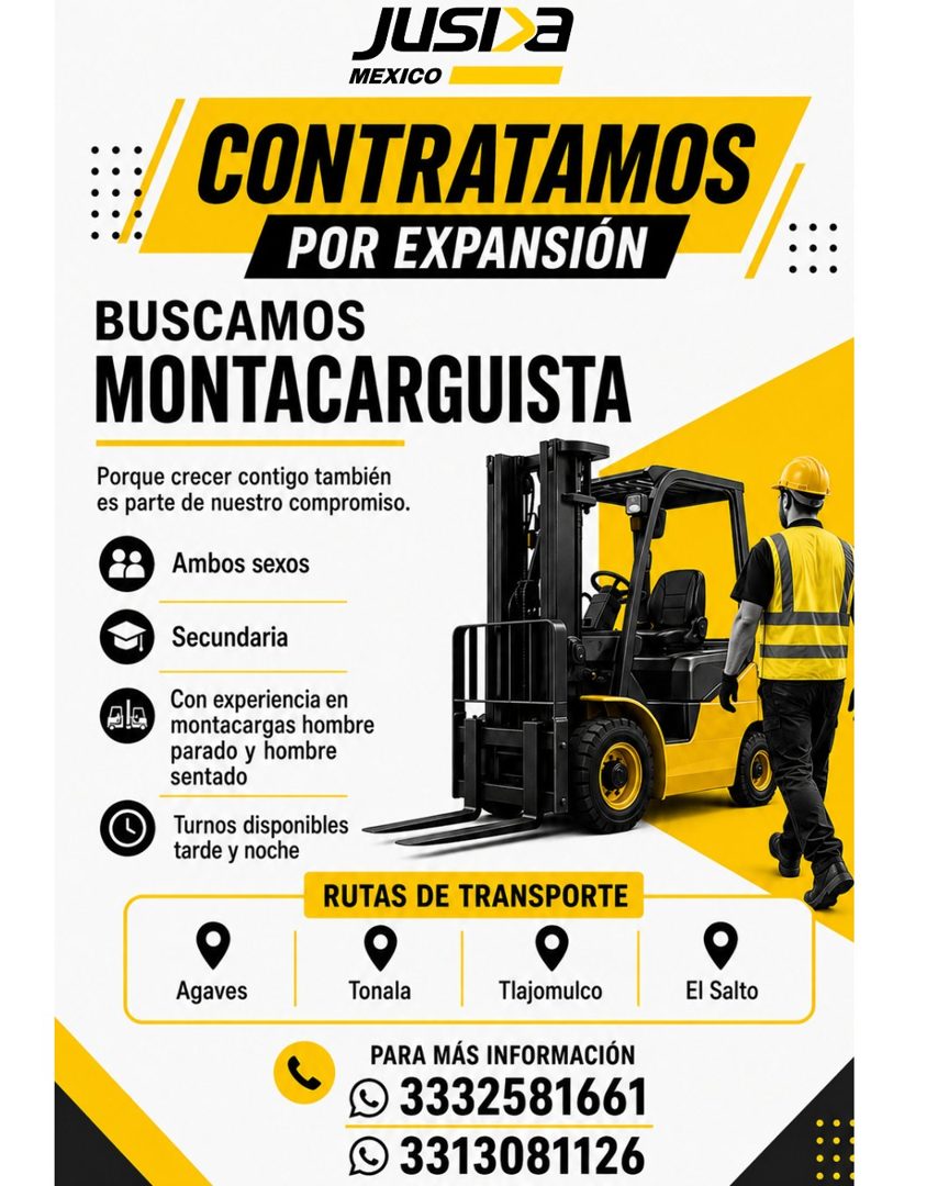 Banner del anuncio de la vacante: Jusi a · MEXICO · A CONTRATAMOS · POR EXPANSIÓN · BUSCAMOS · MONTACARGUISTA · Porque crecer contigo también · es parte de nuestro compromiso