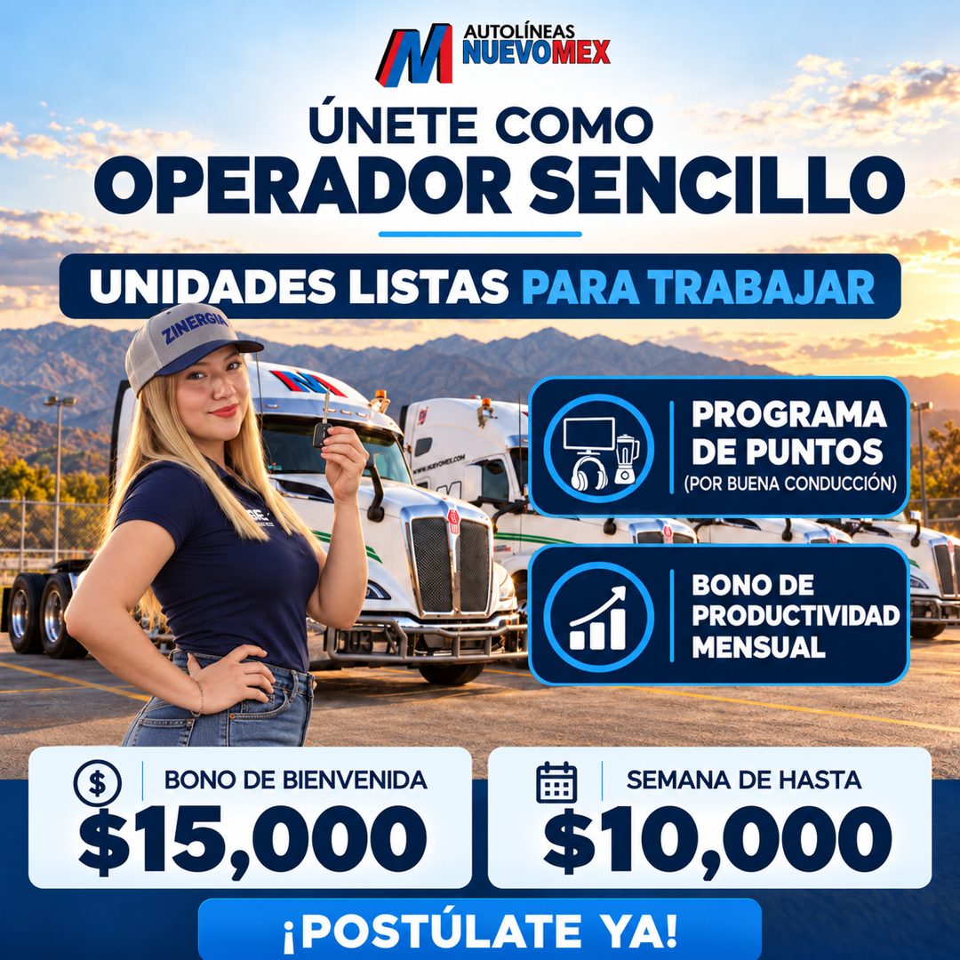 Banner del anuncio de la vacante: M · AUTOLÍNEAS · NUEVOMEX · UNETE COMO · OPERADOR SENCILLO · UNIDADES LISTAS PARA TRABAJAR · TINERGIA · PROGRAMA · DE PUNTOS · (POR BUENA CO