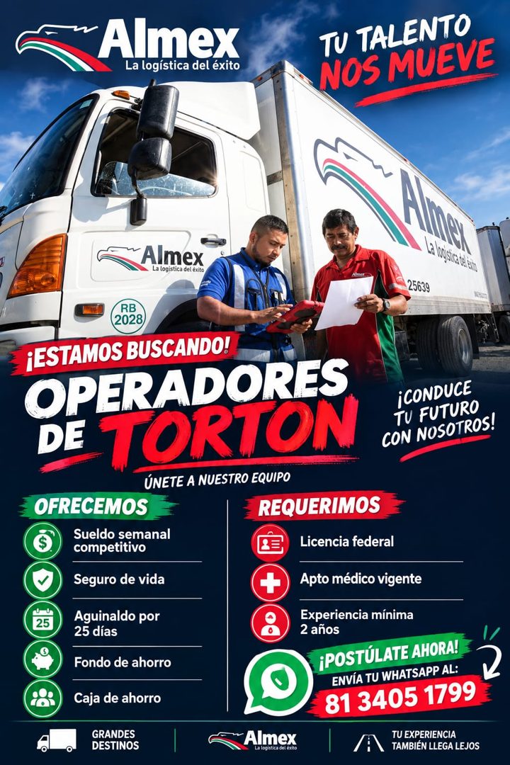 Banner del anuncio de la vacante: Almex · La logística del éxito · TU TALENTO · NOS MUEVE · Almex · La logistica del éxito · 25639 · RB · 2028 · ¡ESTAMOS BUSCANDO! · OPERADOR