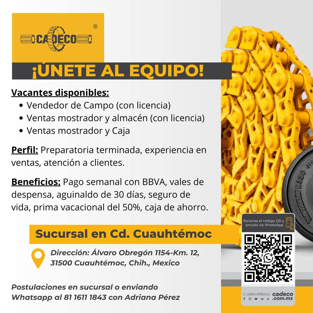 Banner del anuncio de la vacante: OCA DECOS · ¡UNETE AL EQUIPO! · Vacantes disponibles: · • Vendedor de Campo (con licencia) · • Ventas mostrador y almacén (con licencia) · •
