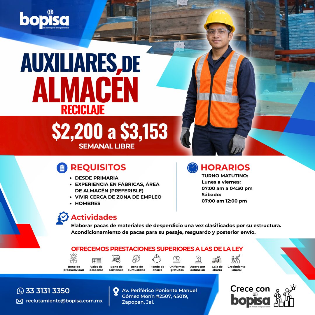 Banner del anuncio de la vacante: bopisa · AUXILIARES,DE · ALMACEN · RECICLAJE · $2,200 a $3,153 · SEMANAL LIBRE · REQUISITOS · • DESDE PRIMARIA · • EXPERIENCIA EN FÁBRICAS, 