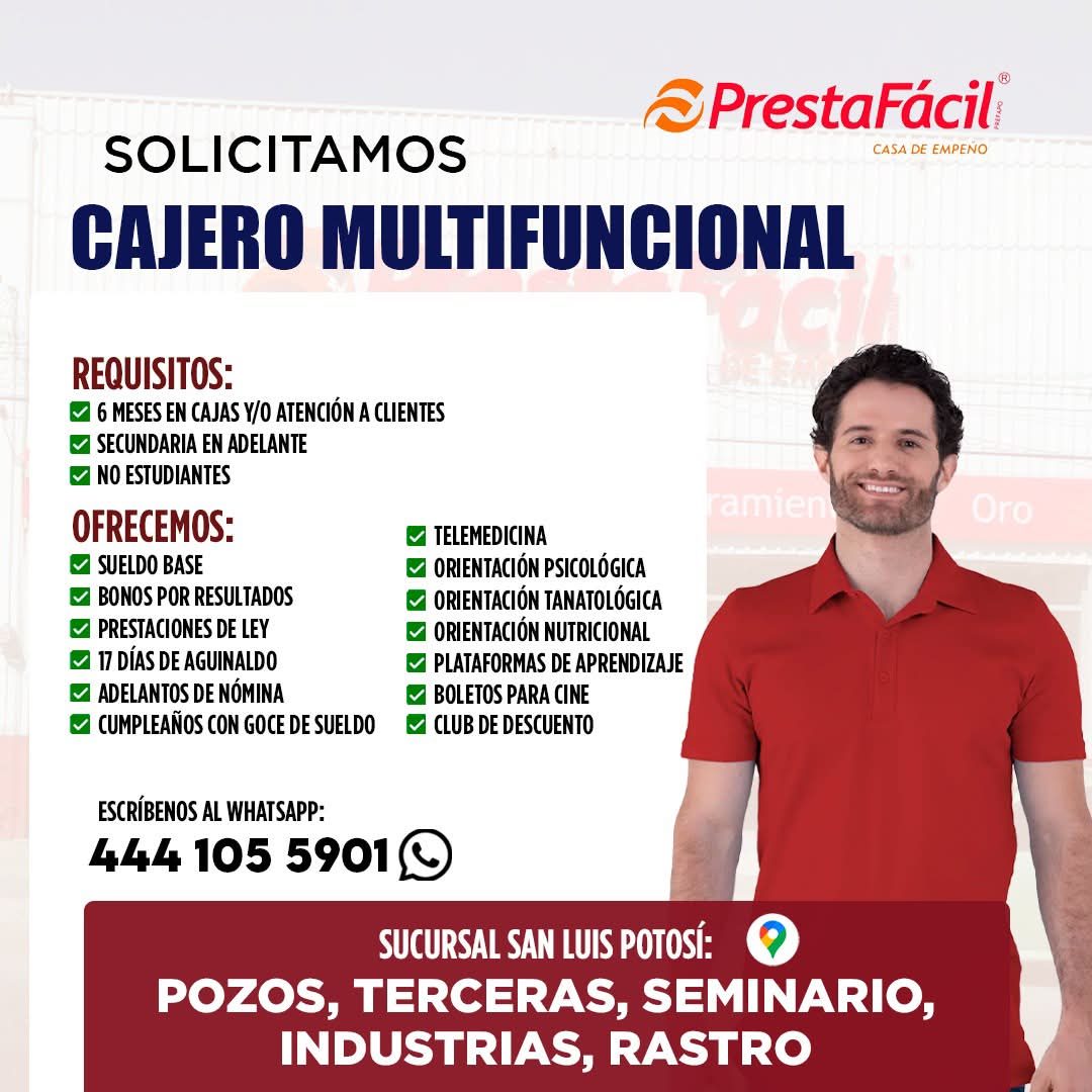 Banner del anuncio de la vacante: O PrestaFácili · CASA DE EMPENO · SOLICITAMOS · CAJERO MULTIFUNCIONAL · REQUISITOS: · • 6 MESES EN CAJAS Y/O ATENCIÓN A CLIENTES · • SECUNDA