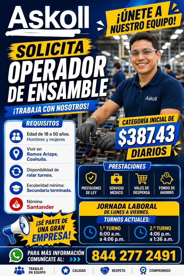 Banner del anuncio de la vacante: ASKoll · ¡ÚNETE A · NUESTRO EQUIPO! · SOLICITA · OPERADOR · DE ENSAMBLE · ¡TRABAJA CON NOSOTROS! · Askoll · REQUISITOS · Edad de 18 a 50 año