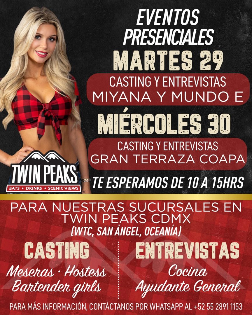 Banner del anuncio de la vacante: EVENTOS · PRESENCIALES · MARTES 29 · CASTING Y ENTREVISTAS · MIYANA Y MUNDO E · MIÉRCOLES 30 · CASTING Y ENTREVISTAS · GRAN TERRAZA COAPA · 