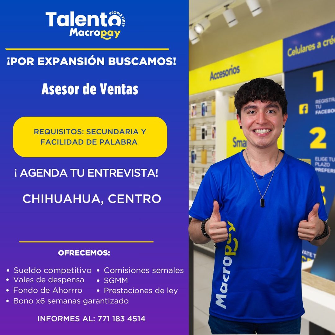 Banner del anuncio de la vacante: Talento · PEOPLA · Macropay · ¡POR EXPANSIÓN BUSCAMOS! · Asesor de Ventas · REQUISITOS: SECUNDARIA Y · FACILIDAD DE PALABRA · ¡ AGENDA TU EN