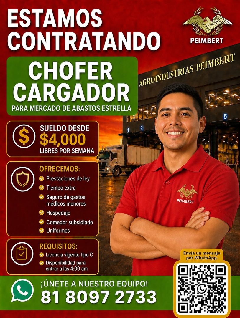 Banner del anuncio de la vacante: ESTAMOS · CONTRATANDO · CHOFER · CARGADOR · PARA MERCADO DE ABASTOS ESTRELLA · $ · SUELDO DESDE · $4,000 · LIBRES POR SEMANA · OFRECEMOS: · 
