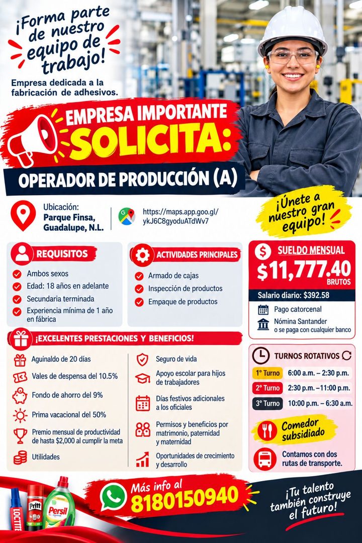 Banner del anuncio de la vacante: ¡Forma parte · de nuestro · equipo de · trabajo! · Empresa dedicada a la · fabricación de adhesivos. · ‹- EMPRESA IMPORTANTE · D. SOLICITA: 