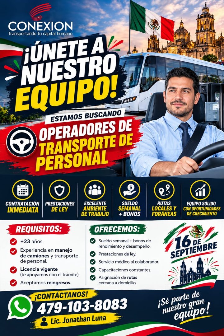 Banner del anuncio de la vacante: CONEXION · transportando tu capital humano · PÚNETEA · NUESTRO · EQUIPO! · ESTAMOS BUSCANDO · OPERADORES DE · TRANSPORTE DE · PERSONAL · CON