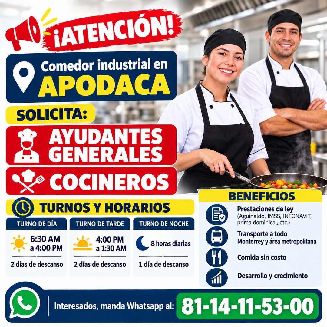Banner del anuncio de la vacante: ¡ATENCIÓN! · Comedor industrial en · APODACA · SOLICITA: · AYUDANTES · GENERALES · COCINEROS · TURNO DE DÍA · TURNOS Y HORARIOS · TURNO DE T