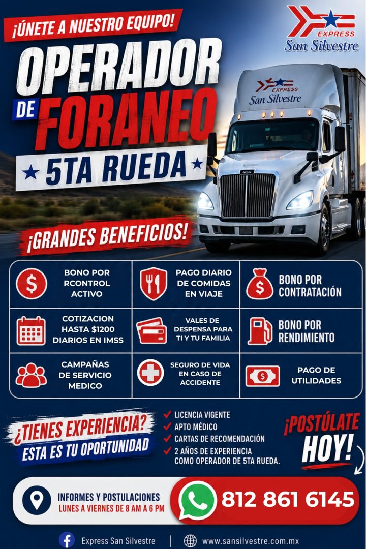 Banner del anuncio de la vacante: ¡ÚNETE A NUESTRO EQUIPO! · OPERADOR · DE FORANEL · * 5TA RUEDA * · EXPRESS · San Silvestre · >r. · EXPRESS · San Silvestre · ¡GRANDES BENEFI