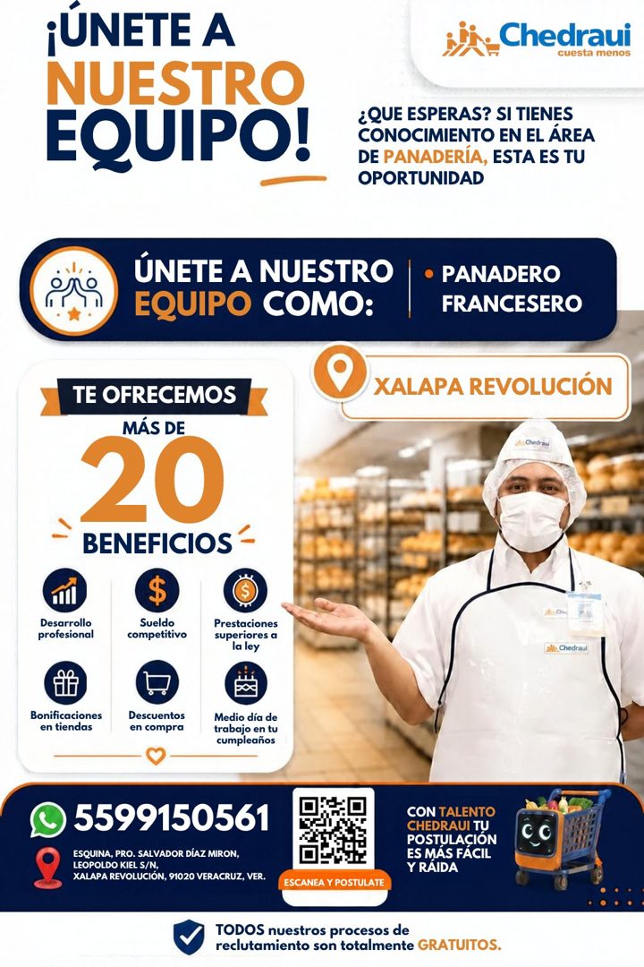 Banner del anuncio de la vacante: ¡ÚNETE A · NUESTRO · EQUIPO! · Chedraui · cuesta menos · ¿QUE ESPERAS? SI TIENES · CONOCIMIENTO EN EL ÁREA · DE PANADERÍA, ESTA ES TU · OPOR