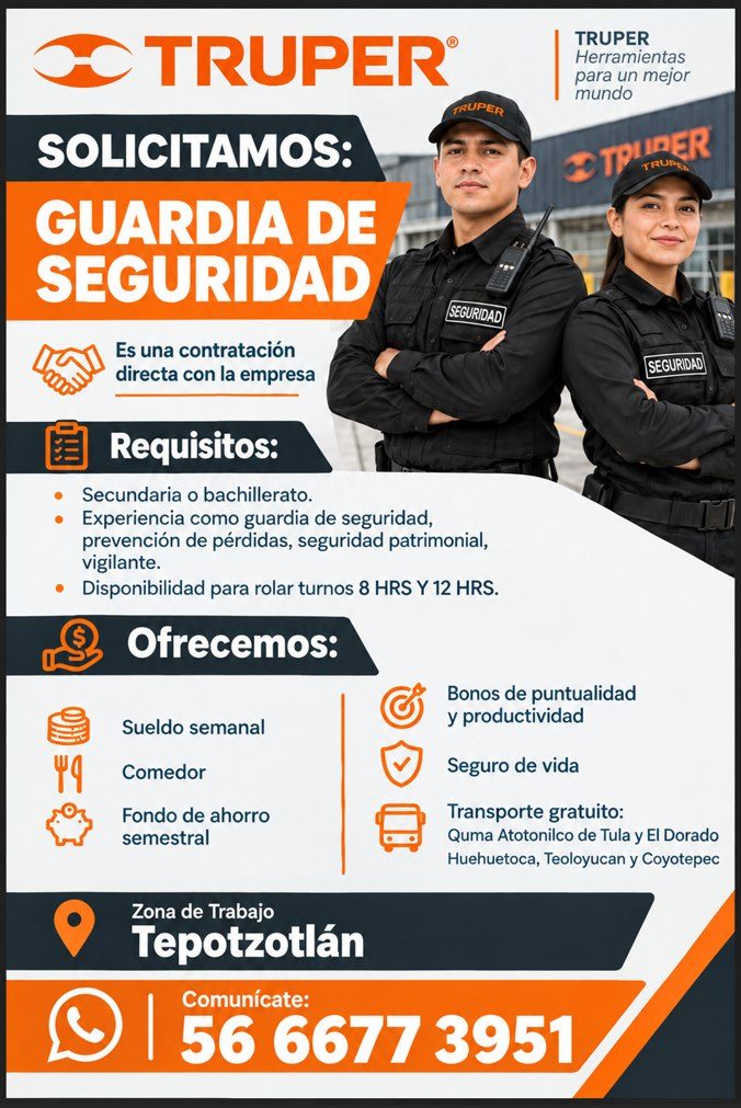 Banner del anuncio de la vacante: TRUPER® · TRUPER · SOLICITAMOS: · GUARDIA DE · SEGURIDAD · (SEGURIDAD · Es una contratación · directa con la empresa · Requisitos: · Secunda