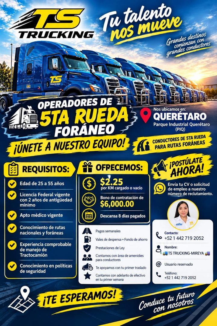 Banner del anuncio de la vacante: TRUCKING · Tu talento · nos mueve · Grandes destinos · conienzan con · grandes conductores · TS · TRUCKING · TR-067 · OPERADORES DE · O01CO 