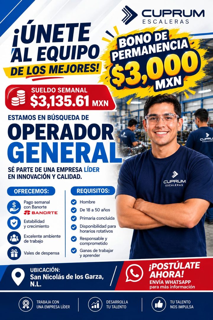 Banner del anuncio de la vacante: ¡ÚNETE · AL EQUIPO · DE LOS MEJORES! · CUPRUM · ESCALERAS · BONO DE · PERMANENCIA · $3.000 · SUELDO SEMANAL · $3,135.61 MXN · ESTAMOS EN BÚS