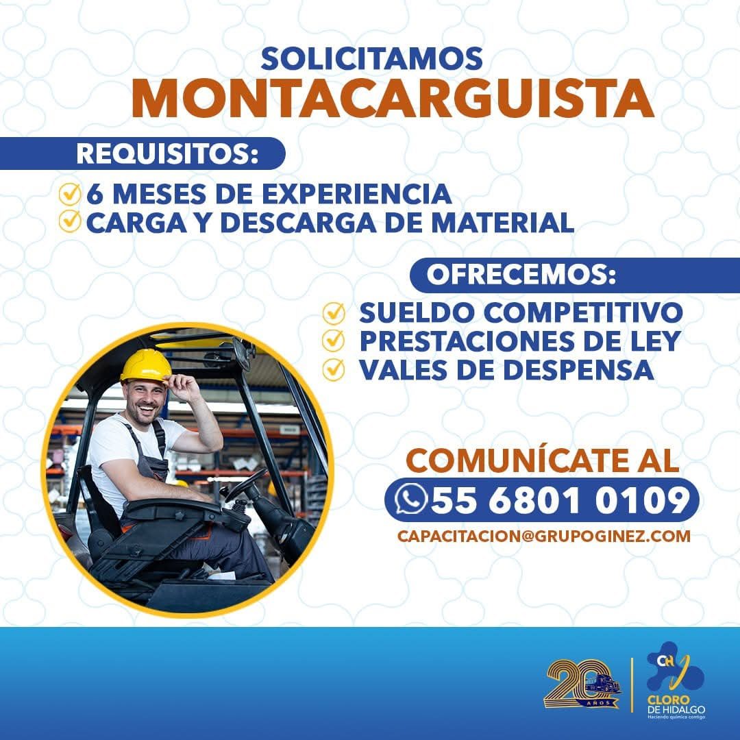 Banner del anuncio de la vacante: SOLICITAMOS · MONTACARGUISTA · REQUISITOS: · 6 MESES DE EXPERIENCIA · • CARGA Y DESCARGA DE MATERIAL · OFRECEMOS: · SUELDO COMPETITIVO · PRE