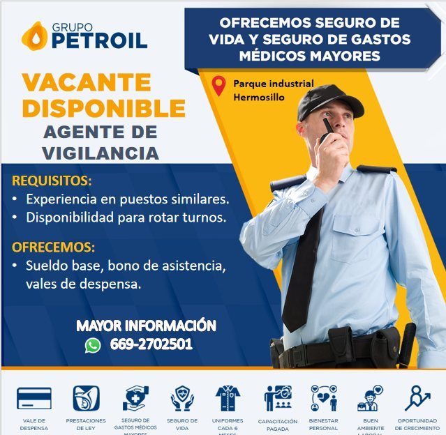 Banner del anuncio de la vacante: GRUPO · PETROIL · VACANTE · DISPONIBLE · AGENTE DE · VIGILANCIA · REQUISITOS: · • Experiencia en puestos similares. · • Disponibilidad para 