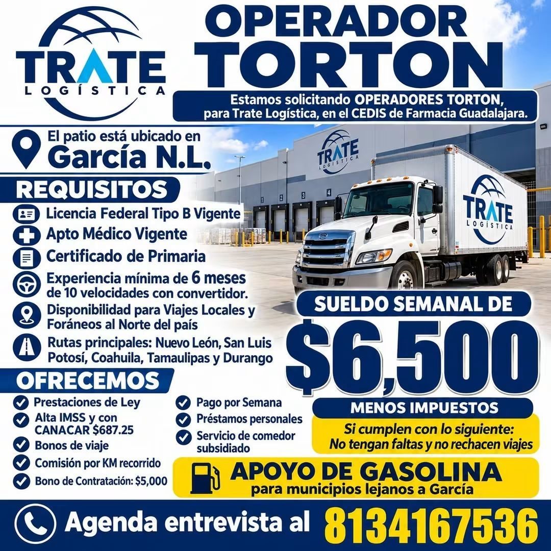 Banner del anuncio de la vacante: OPERADOR · TRATE · L · OGÍSTICA · TORTON · Estamos solicitando OPERADORES TORTON, · para Trate Logística, en el CEDIS de Farmacia Guadalajar
