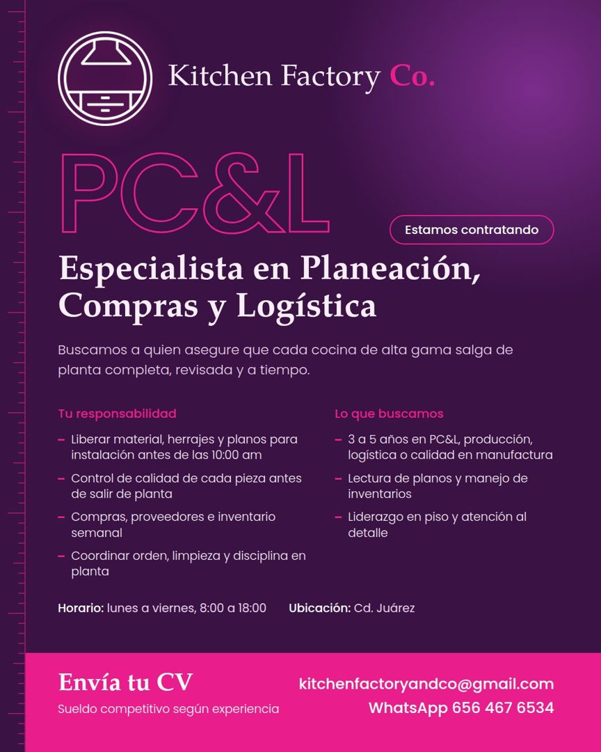 Banner del anuncio de la vacante: Kitchen Factory Co. · PC&L · Estamos contratando · Especialista en Planeación, · Compras y Logística · Buscamos a quien asegure que cada coc