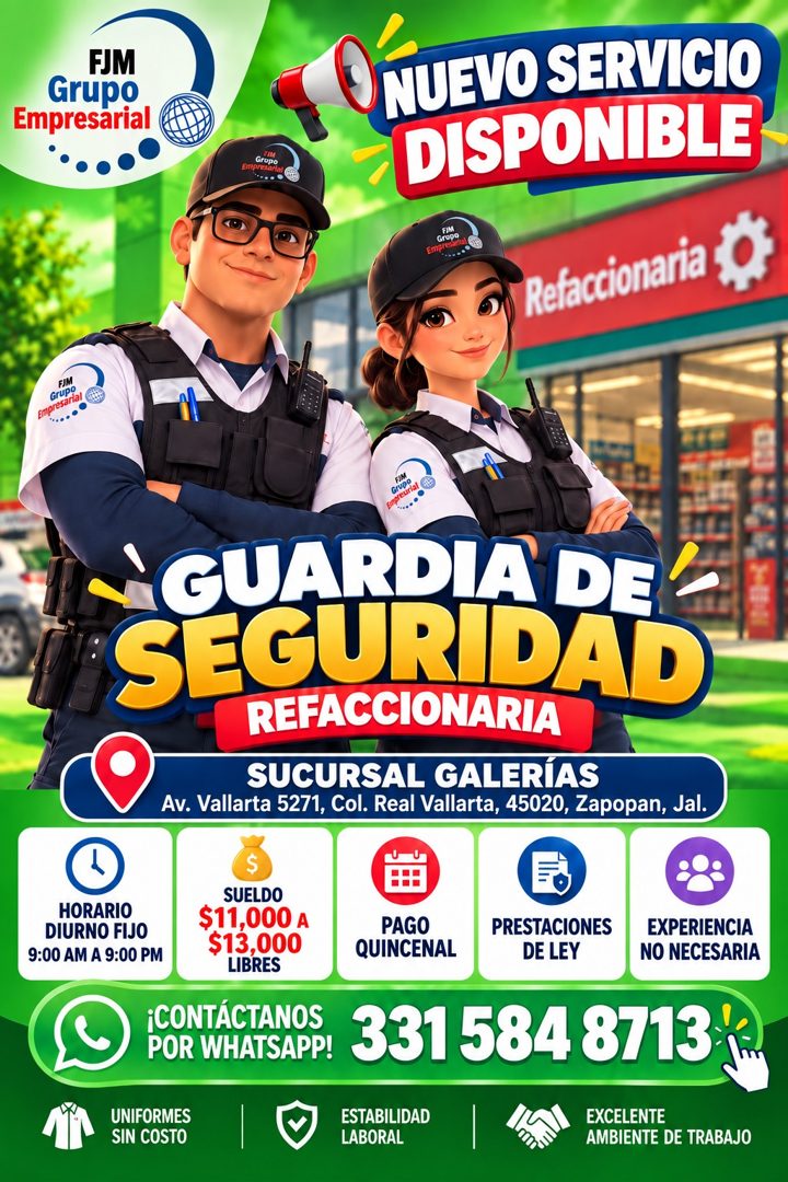 Banner del anuncio de la vacante: FJM · Grupo · Empresarial · GING · Gropo · Empresarial · NUEVO SERVICIO · DISPONIBLE · FIM · Grapo · Refaccionaria · FIM · Grupo · Empresarl