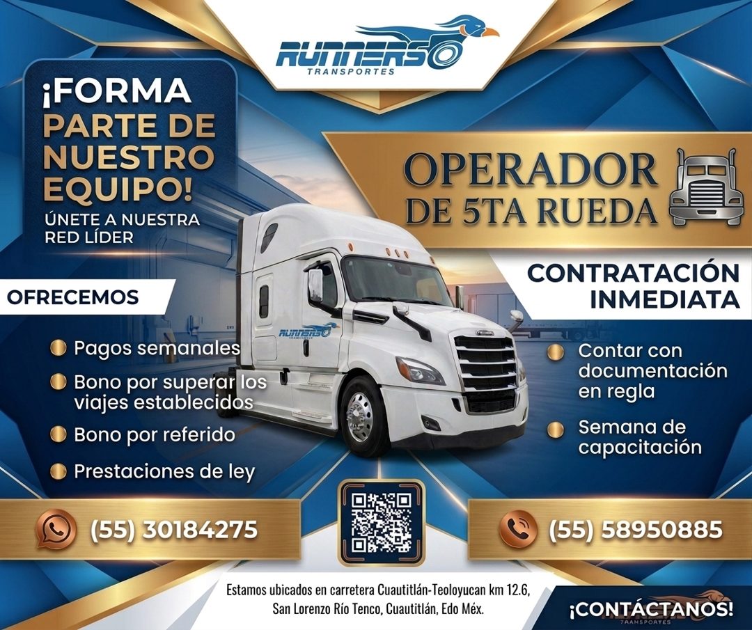Banner del anuncio de la vacante: TRANSPORTES · ¡FORMA · PARTE DE · NUESTRO · EQUIPO! · ÚNETE A NUESTRA · RED LÍDER · OFRECEMOS · • Pagos semanales · • Bono por superar los ·