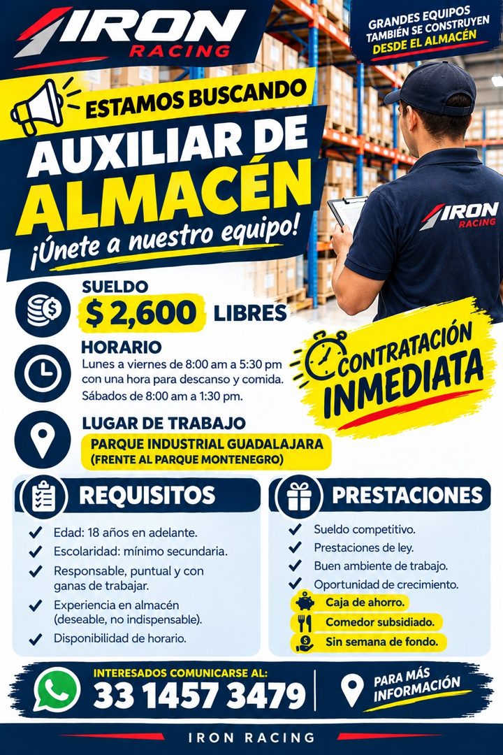 Banner del anuncio de la vacante: IRON · RACING · GRANDES EQUIPOS · TAMBIÉN SE CONSTRUYEN · DESDE EL ALMACÉN · ESTAMOS BUSCANDO · AUXILIAR DE · ALMACÉN · ¡Únete a nuestro equ