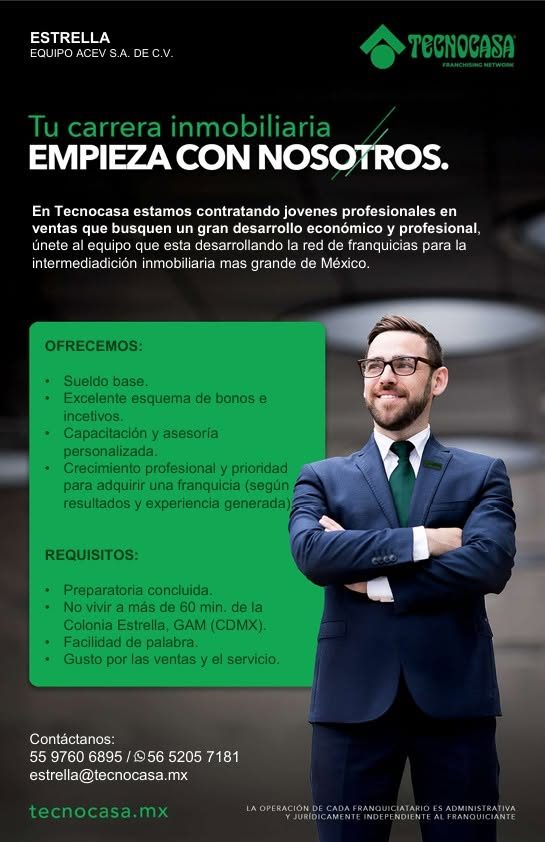 Banner del anuncio de la vacante: ESTRELLA · EQUIPO ACEV S.A. DE C.V. · TEGNOGASA · Tu carrera inmobiliaria · EMPIEZA CON NOSOTROS. · En Tecnocasa estamos contratando jovenes