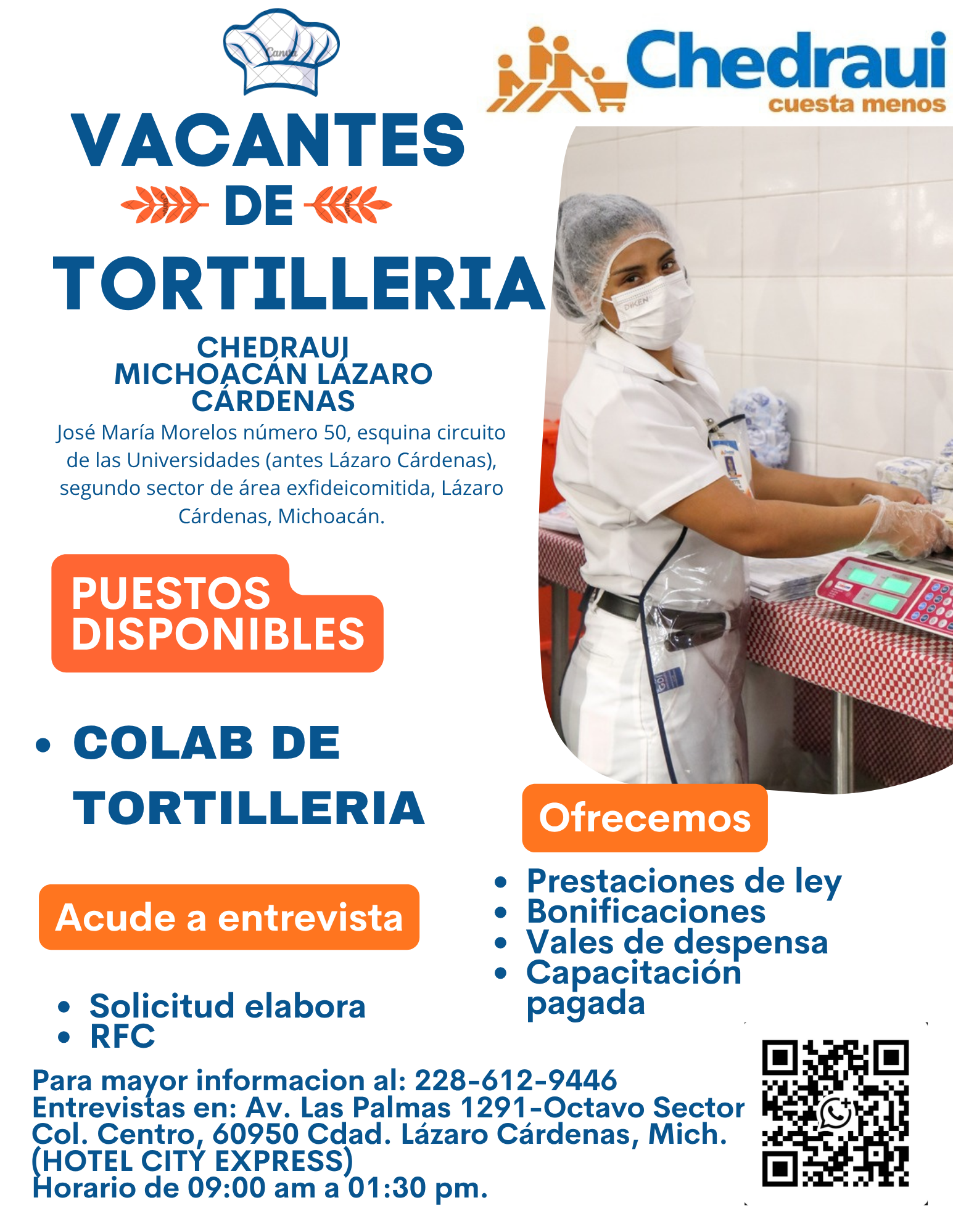 Banner del anuncio de la vacante: HA: Chedraui · cuesta menos · VACANTES · DE · TORTILLERIA · CHEDRAUJ · MICHOACAN LAZARO · CARDENAS · José María Morelos número 50, esquina c