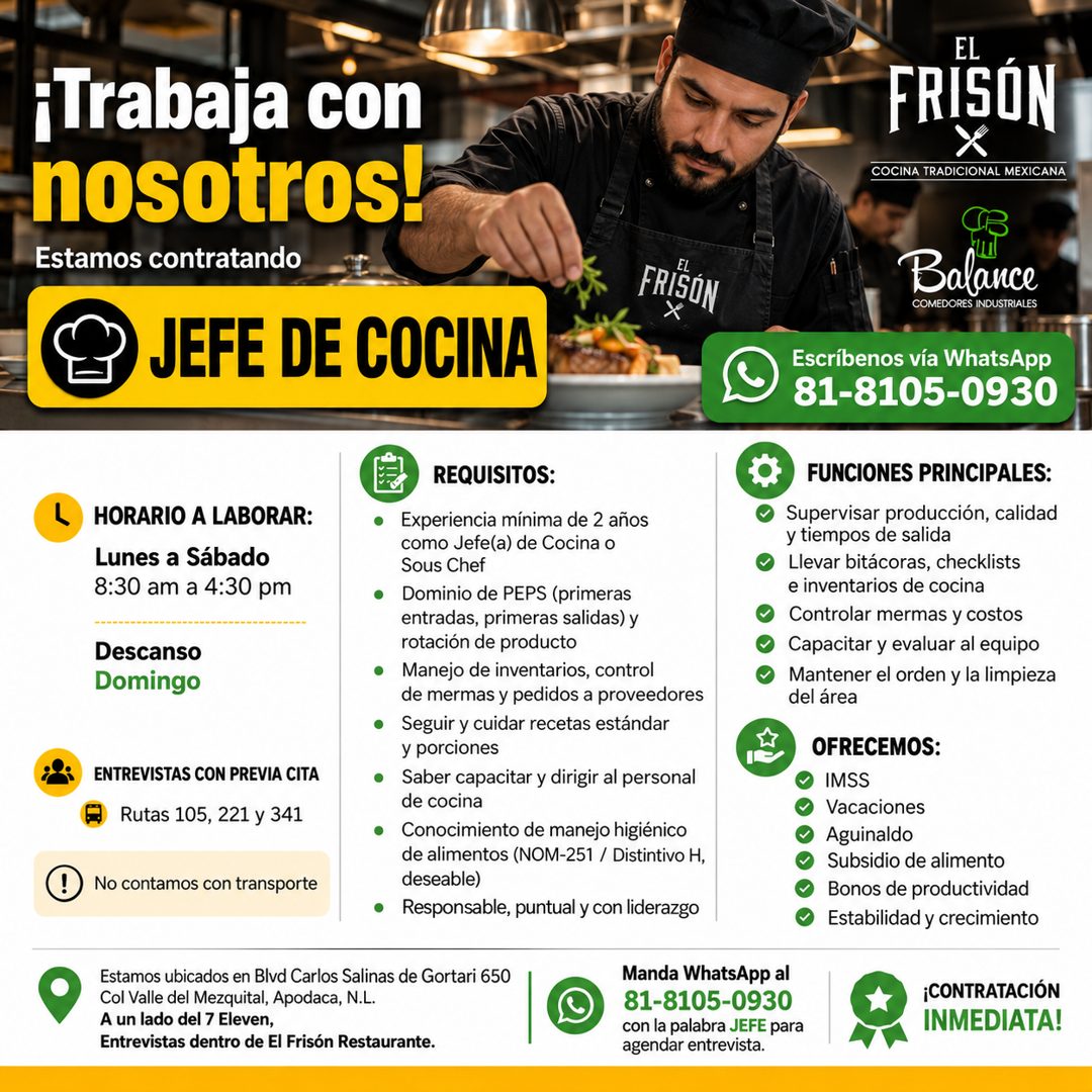 Banner del anuncio de la vacante: ¡Trabaja con · nosotros. · Estamos contratando · FRISON · COCINA TRADICIONAL MEXICANA · FRISON · JEFE DE COCINA · Balance · COMEDORES INDUST