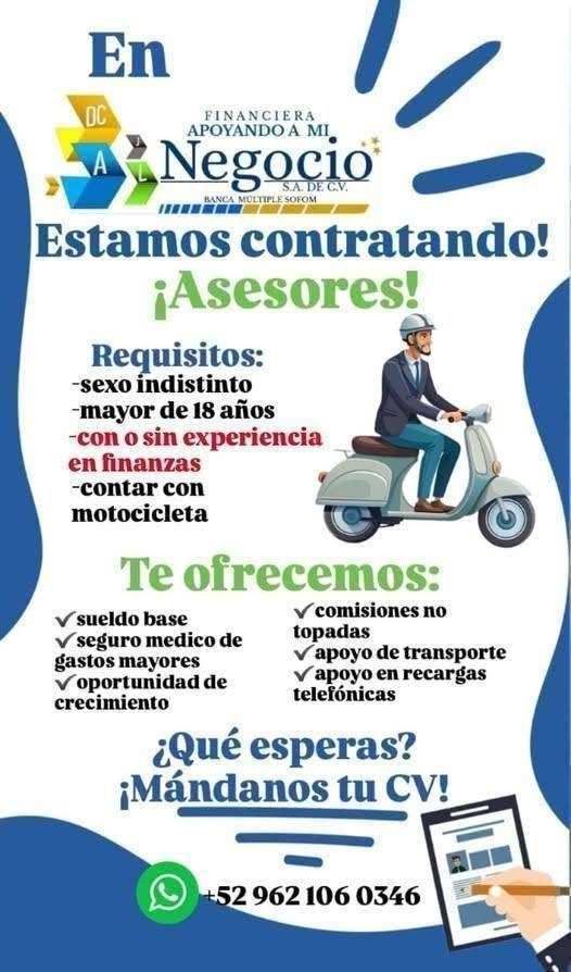 Banner del anuncio de la vacante: En · DC · FINANCIERA · APOYANDO A MI. · Negocio · LTTPLE SOFOM · Estamos contratando! · ¡Asesores! · Requisitos: · -sexo indistinto · -mayor