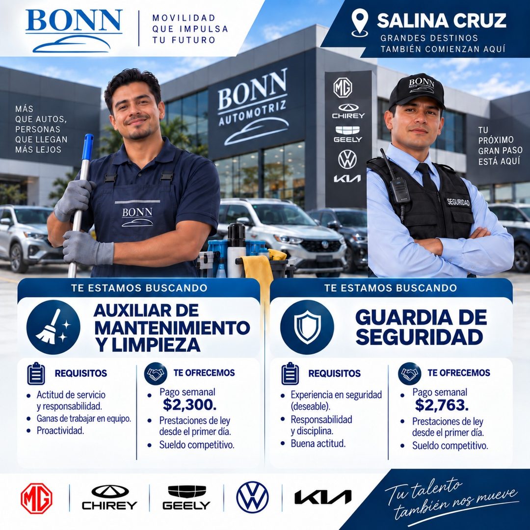Banner del anuncio de la vacante: BONN · MOVILIDAD · QUE IMPULSA · TU FUTURO · SALINA CRUZ · GRANDES DESTINOS · TAMBIÉN COMIENZAN AQUÍ · BON · MÁS · QUE AUTOS, · PERSONAS · Q