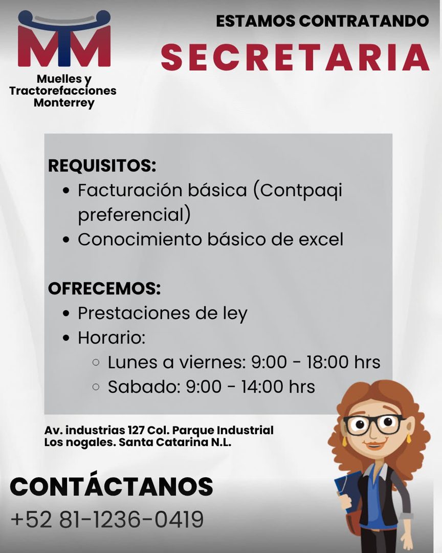 Banner del anuncio de la vacante: MM · Muelles y · Tractorefacciones · Monterrey · ESTAMOS CONTRATANDO · SECRETARIA · REQUISITOS: · • Facturación básica (Contpagi · preferenc