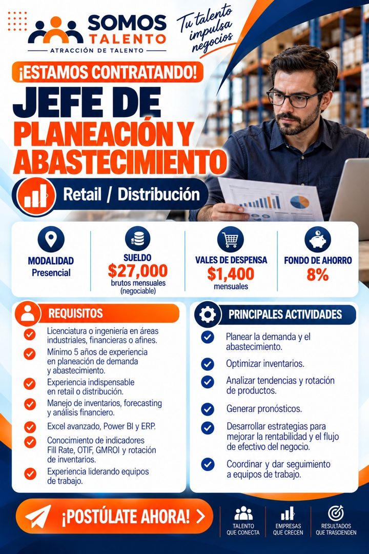 Banner del anuncio de la vacante: SOMOS Tutalenta · TALENTO · impulsa · ATRACCIÓN DE TALENTO - · negocios · ¡ESTAMOS CONTRATANDO! · JEFE DE · PLANEACION Y · ABASTECIMIENTO · 