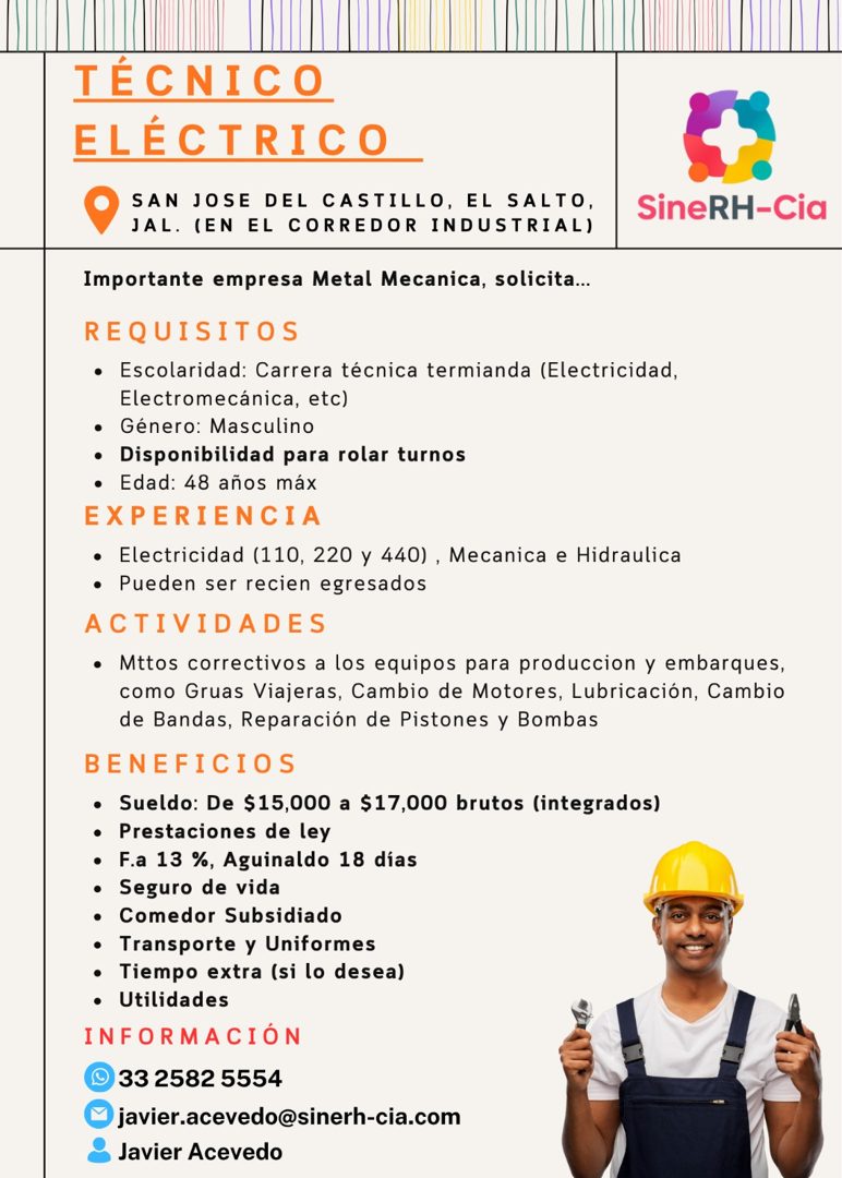 Banner del anuncio de la vacante: TÉCNICO · ELÉCTRICO · SAN JOSE DEL CASTILLO, EL SALTO, · JAL. (EN EL CORREDOR INDUSTRIAL) · SineRH-Cia · Importante empresa Metal Mecanica, 