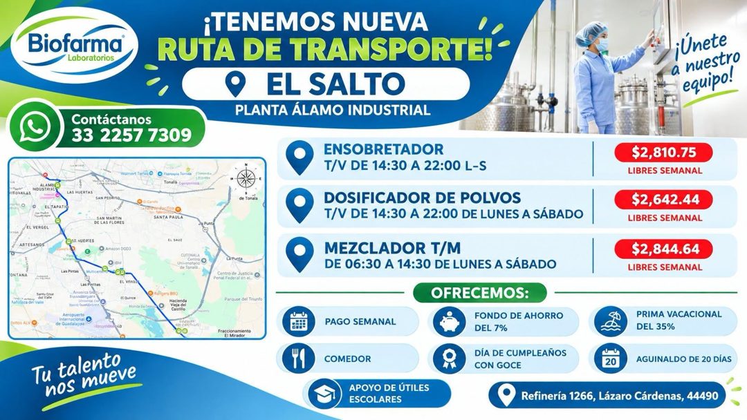 Banner del anuncio de la vacante: Biofarma · 'Laboratorios) · ALAMOR · HOUSTRIsL · EL TAPA · EL VERGEL · ARTESANOS · Contáctanos · 33 2257 7309 · Valmert Toray O Frases Toril