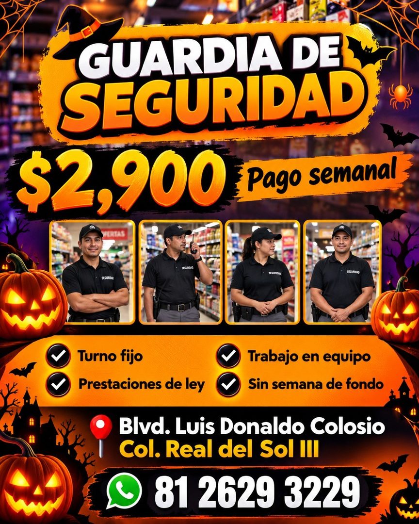 Banner del anuncio de la vacante: GUARDIA DE · SEGURIDAD · $2,900 · Pago semanal · PERTAS · SEOJRIDAS · SEGURIDAD · SEDARIRA · Turno fijo · Prestaciones de ley · Trabajo en e