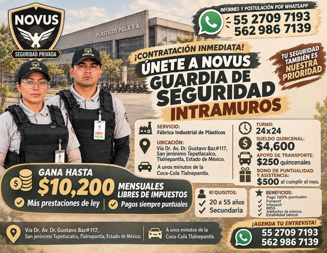Banner del anuncio de la vacante: NOVUS · PLÁSTICOS POLA S.A. · INFORMES Y POSTULACIÓN POR WHATSAPP · 55 2709 7193 · 562 986 7139 · SEGURIDAD PRIVADA · $ · SERVICIO: · Fabric