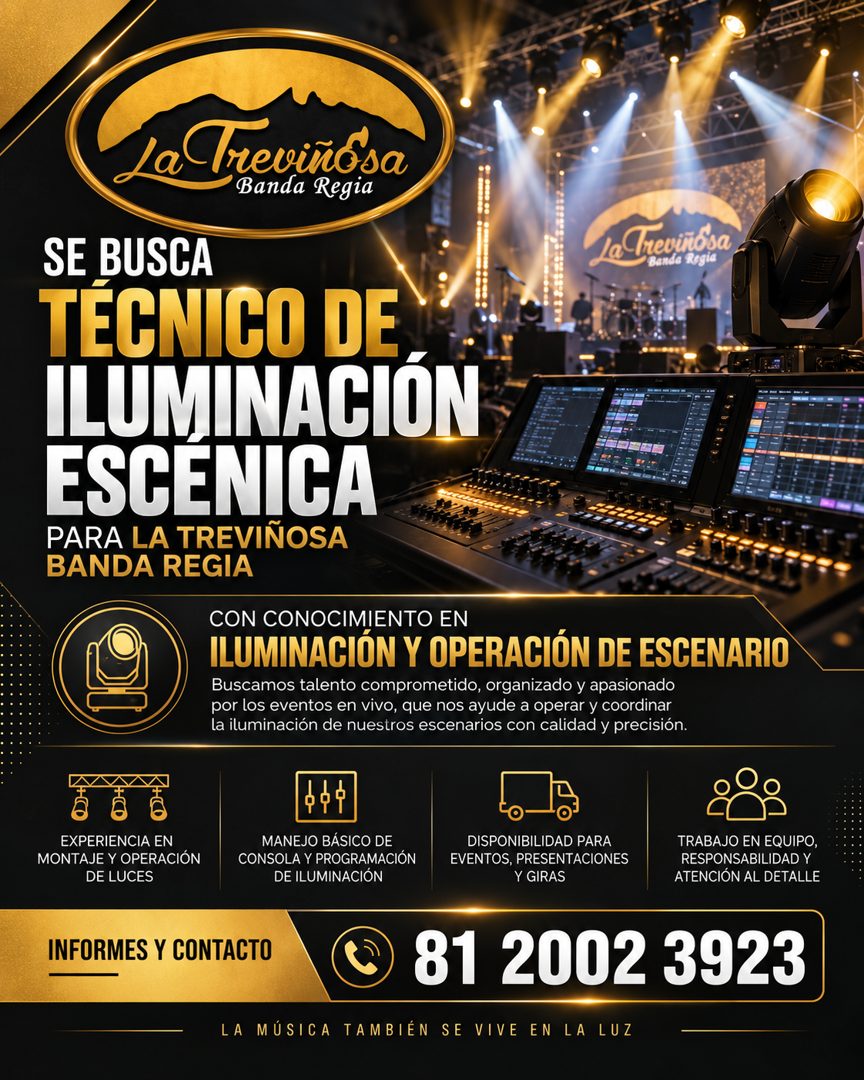 Banner del anuncio de la vacante: La Treviñosa · Banda Regia · SE BUSCA · TECNICO DE · ILUMINACIÓN · ESCENICA · PARA LA TREVINOSA · BANDA REGIA · Banda Regia · CON CONOCIMIEN