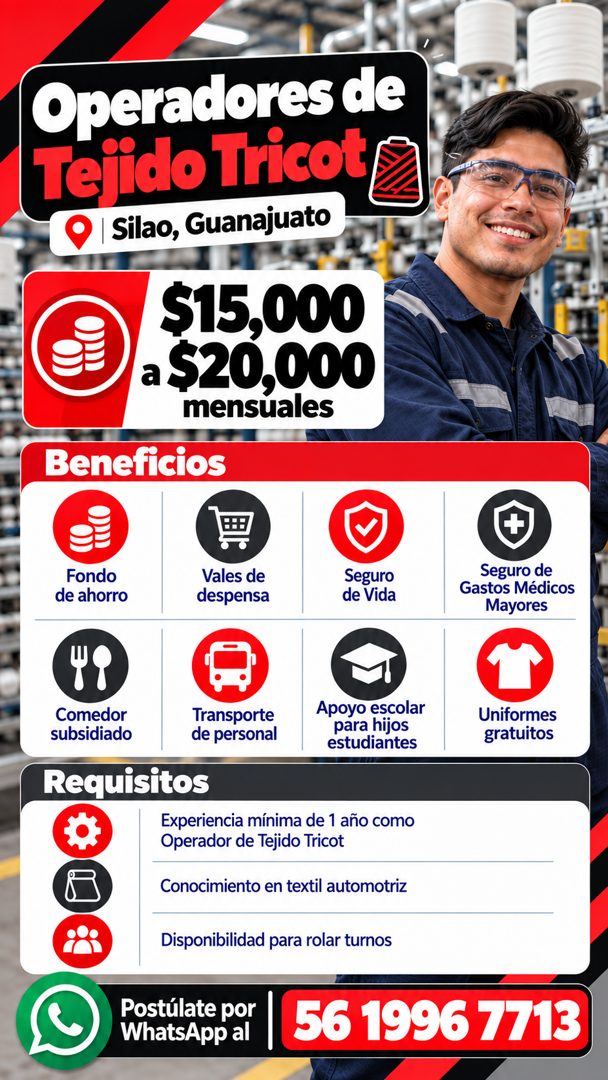 Banner del anuncio de la vacante: Operadores de · Tejido Tricot · Silao, Guanajuato · 515,000 · a $20,000 · mensuales · Beneficios · Fondo · de ahorro · Vales de · despensa ·