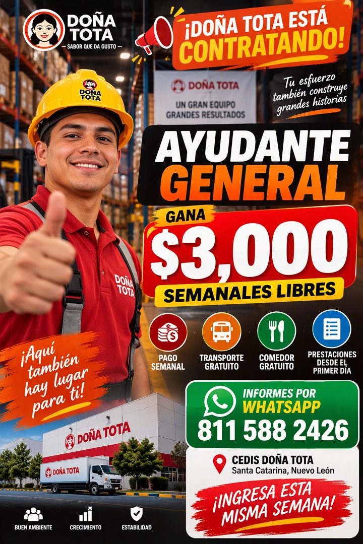 Banner del anuncio de la vacante: DONA · TOTA · - SABOR QUE DA GUSTO - · DONA · TOTA · DOÑA · TOTA · ¡DOÑA TOTA ESTÁ · CONTRATANDO! · DOÑA TOTA · Tu esfuerzo · UN GRAN EQUIPO