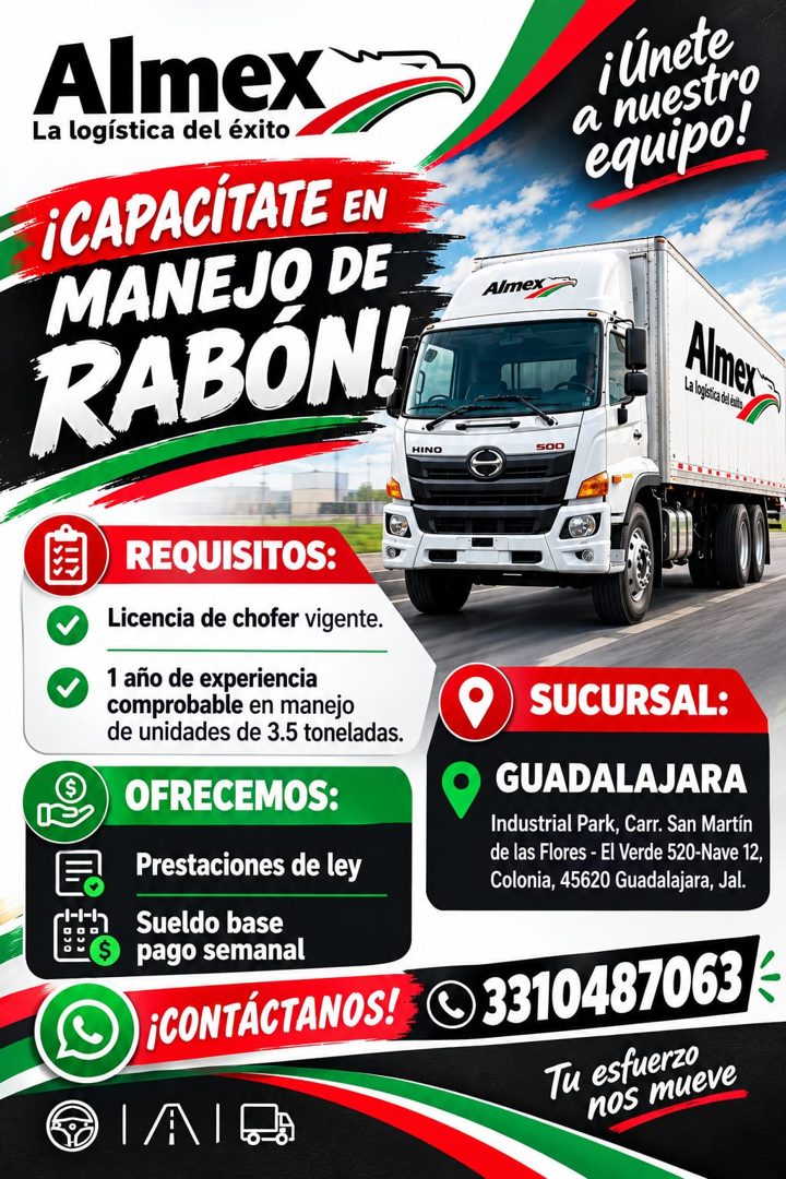 Banner del anuncio de la vacante: Almex · La logística del éxito · ¡CAPACITATE EN · MANEJO DE · RABÓNH · a nuestro · ¡únete · equipo! · Almex · La logica de ato. · Almer- · 5