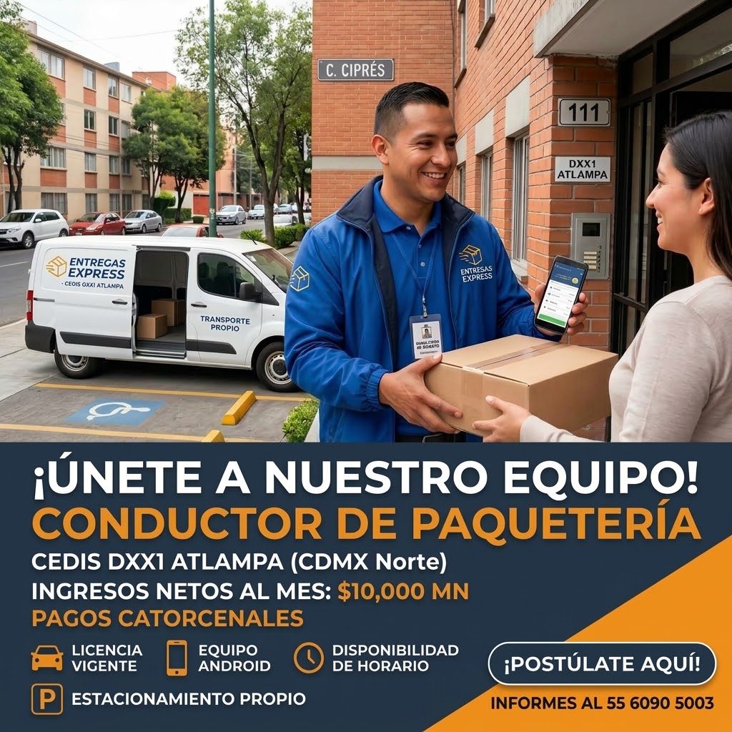 Banner del anuncio de la vacante: C. CIPRÉS · 111 · DXX1 · ATLAMPA · ENTREGAS · EXPRESS · • CEOIS GXXI ATLAMPA · ENTRESAS · EXPRESS · TRANSPORTE · PROPIO · ¡ÚNETE A NUESTRO E