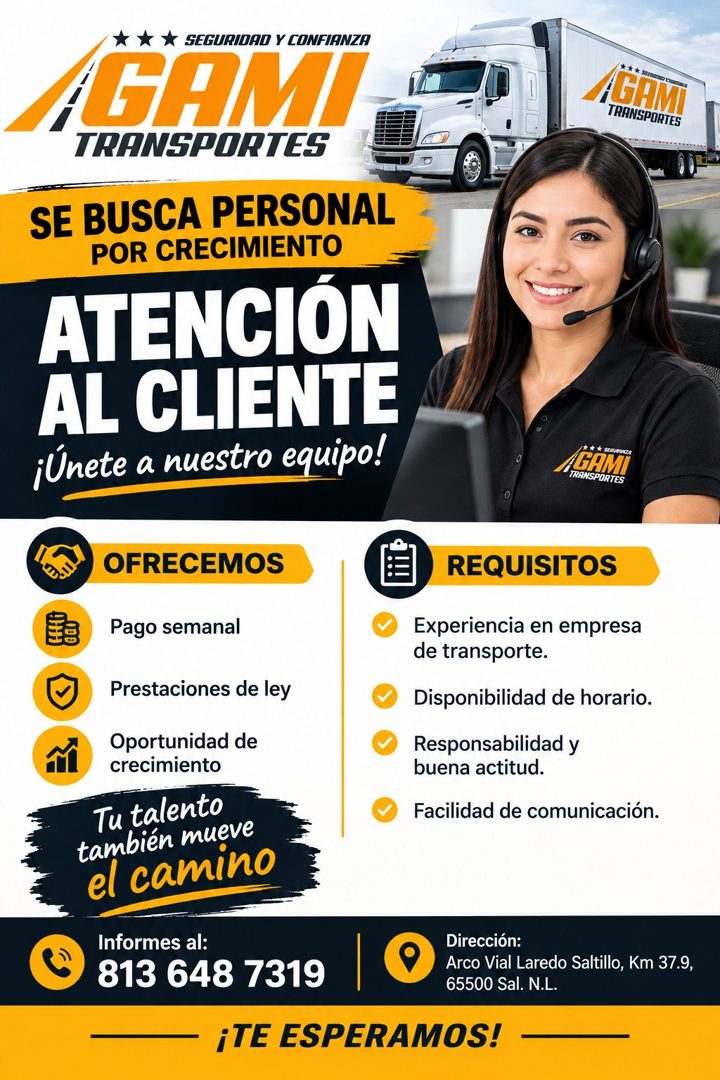 Banner del anuncio de la vacante: SEGURIDAD Y CONFIANZA · AGAM · TRANSPORTES · SE BUSCA PERSONAL · POR CRECIMIENTO · ATENCION · AL CLIENTE · ¡Únete a nuestro equipo! · GAM · 
