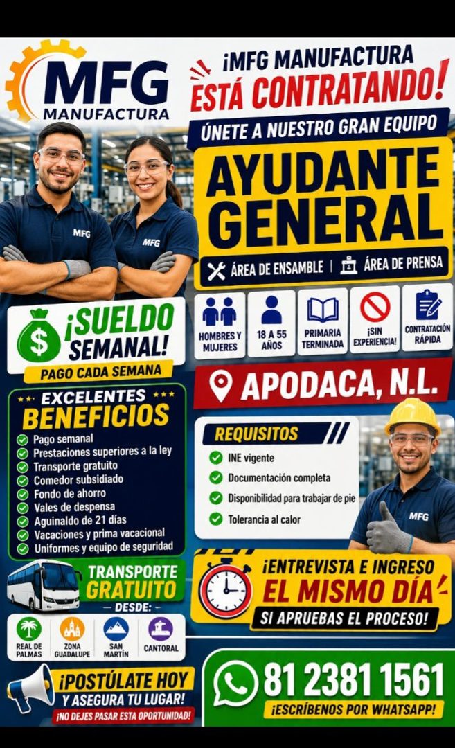 Banner del anuncio de la vacante: MFG · MANUFACTURA · MFG · MFG · iMFG MANUFACTURA · ESTÁ CONTRATANDO! · ÚNETE A NUESTRO GRAN EQUIPO · AYUDANTE · GENERAL · * ÁREA DE ENSAMBLE
